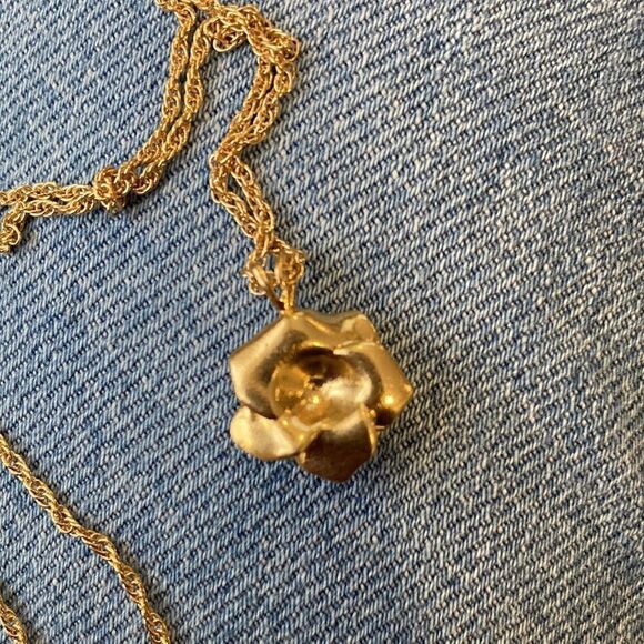 Women’s Gold Tone Rose Necklace with Cubic Zirconia Center on Gold Tone chain - Picture 3 of 4